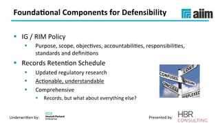 Underwri(en	by:	 Presented	by:	
Founda(onal	Components	for	Defensibility	
§  IG	/	RIM	Policy	
§  Purpose,	scope,	objecVves,	accountabiliVes,	responsibiliVes,	
standards	and	deﬁniVons	
§  Records	RetenVon	Schedule	
§  Updated	regulatory	research	
§  AcVonable,	understandable	
§  Comprehensive	
§  Records,	but	what	about	everything	else?	
 