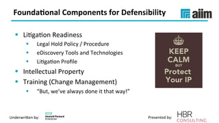 Underwri(en	by:	 Presented	by:	
Founda(onal	Components	for	Defensibility	
§  LiVgaVon	Readiness	
§  Legal	Hold	Policy	/	Procedure	
§  eDiscovery	Tools	and	Technologies	
§  LiVgaVon	Proﬁle	
§  Intellectual	Property	
§  Training	(Change	Management)	
§  “But,	we’ve	always	done	it	that	way!”	
 