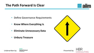 Underwri(en	by:	 Presented	by:	
The	Path	Forward	Is	Clear	
•  Deﬁne	Governance	Requirements	
•  Know	Where	Everything	Is	
•  Eliminate	Unnecessary	Data	
•  Unbury	Treasure	
 
