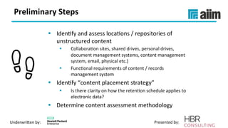 Underwri(en	by:	 Presented	by:	
Preliminary	Steps	
§  IdenVfy	and	assess	locaVons	/	repositories	of	
unstructured	content	
§  CollaboraVon	sites,	shared	drives,	personal	drives,	
document	management	systems,	content	management	
system,	email,	physical	etc.)	
§  FuncVonal	requirements	of	content	/	records	
management	system		
§  IdenVfy	“content	placement	strategy”	
§  Is	there	clarity	on	how	the	retenVon	schedule	applies	to	
electronic	data?	
§  Determine	content	assessment	methodology	
 