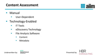 Underwri(en	by:	 Presented	by:	
Content	Assessment	
§  Manual	
§  User-Dependent	
§  Technology-Enabled	
§  IT	Tools	
§  eDiscovery	Technology	
§  File	Analysis	Soeware	
§  Content	
§  Metadata	
 