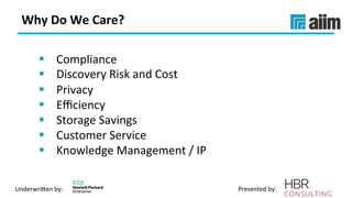 Underwri(en	by:	 Presented	by:	
Why	Do	We	Care?	
§  Compliance	
§  Discovery	Risk	and	Cost	
§  Privacy	
§  Eﬃciency	
§  Storage	Savings	
§  Customer	Service	
§  Knowledge	Management	/	IP	
 