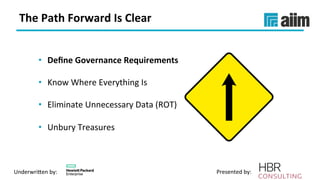 Underwri(en	by:	 Presented	by:	
The	Path	Forward	Is	Clear	
•  Deﬁne	Governance	Requirements	
•  Know	Where	Everything	Is	
•  Eliminate	Unnecessary	Data	(ROT)	
•  Unbury	Treasures	
 