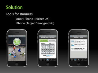 SolutionTools for Runners	Smart-Phone  (Richer UX)iPhone (Target Demographic).