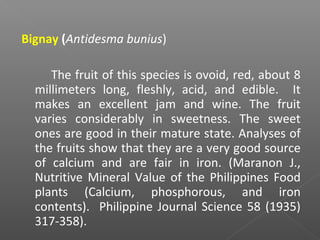 Bignay (Antidesma bunius)
The fruit of this species is ovoid, red, about 8
millimeters long, fleshly, acid, and edible. It
makes an excellent jam and wine. The fruit
varies considerably in sweetness. The sweet
ones are good in their mature state. Analyses of
the fruits show that they are a very good source
of calcium and are fair in iron. (Maranon J.,
Nutritive Mineral Value of the Philippines Food
plants (Calcium, phosphorous, and iron
contents). Philippine Journal Science 58 (1935)
317-358).
 
