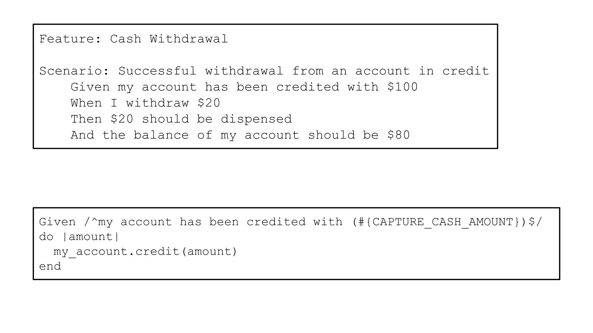 Feature: Cash Withdrawal
Scenario: Successful withdrawal from an account in credit
Given my account has been credited with $100
When I withdraw $20
Then $20 should be dispensed
And the balance of my account should be $80
Given /^my account has been credited with (#{CAPTURE_CASH_AMOUNT})$/
do |amount|
my_account.credit(amount)
end
 