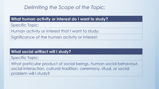 Delimiting the Scope of the Topic:
What human activity or interest do I want to study?
Specific Topic:
Human activity or interest that I want to study:
Significance of the human activity or interest:
What social artifact will I study?
Specific Topic:
What particular product of social beings, human social behaviour,
social interaction, cultural tradition, ceremony, ritual, or social
problem will I study?
 