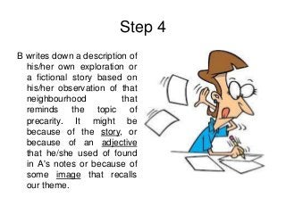Step 4
B writes down a description of
  his/her own exploration or
  a fictional story based on
  his/her observation of that
  neighbourhood           that
  reminds the topic of
  precarity. It might be
  because of the story, or
  because of an adjective
  that he/she used of found
  in A's notes or because of
  some image that recalls
  our theme.
 