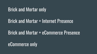 Brick and Mortar only
Brick and Mortar + Internet Presence
Brick and Mortar + eCommerce Presence
eCommerce only
 