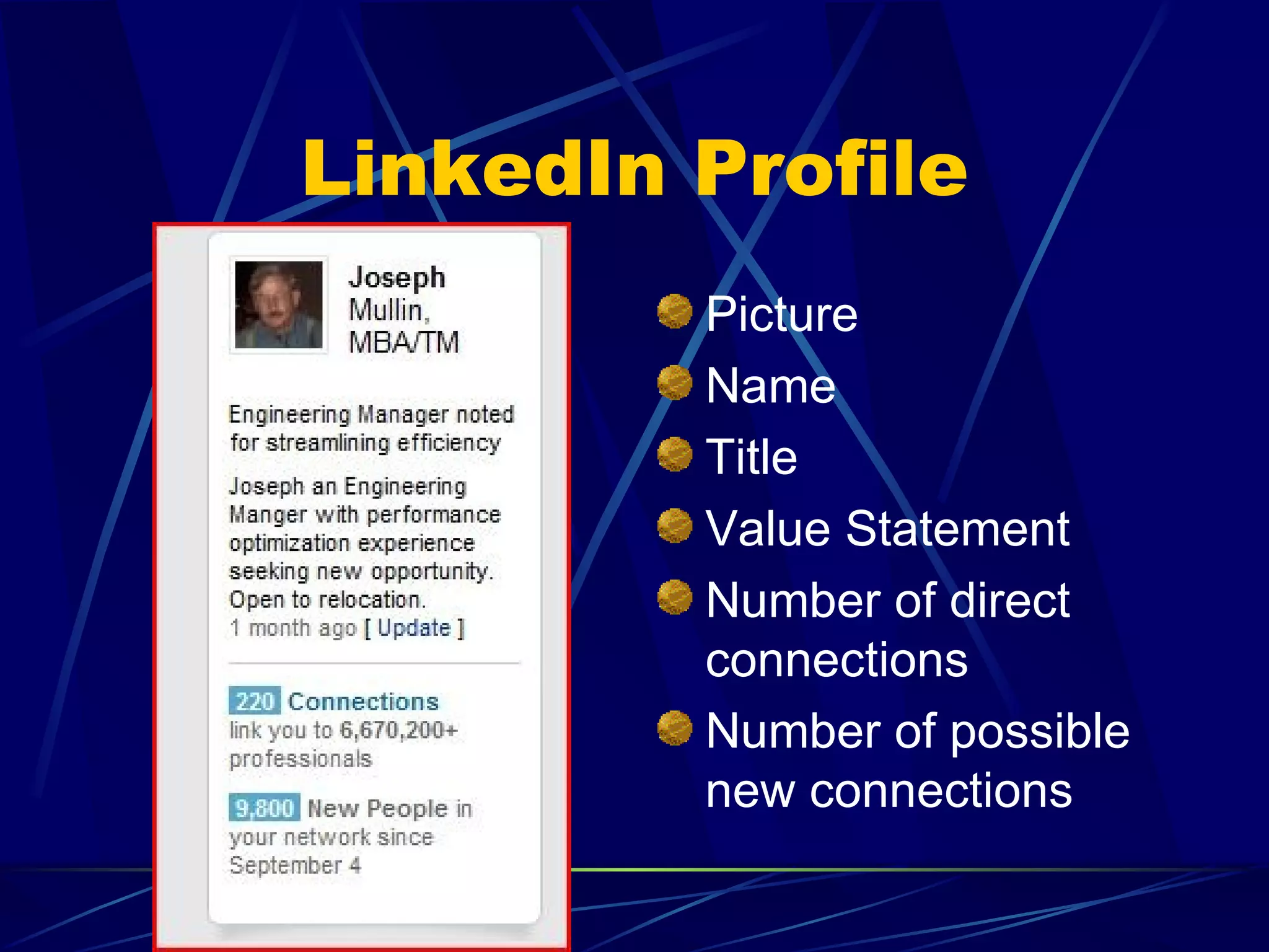 LinkedIn Profile Picture Name Title Value Statement Number of direct connections Number of possible new connections 