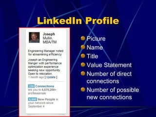 LinkedIn Profile Picture Name Title Value Statement Number of direct connections Number of possible new connections 