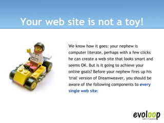 Your web site is not a toy! We know how it goes: your nephew is computer literate, perhaps with a few clicks he can create a web site that looks smart and seems OK. But is it going to achieve your online goals? Before your nephew fires up his 'trial' version of Dreamweaver, you should be aware of the following components to  every single web site :   