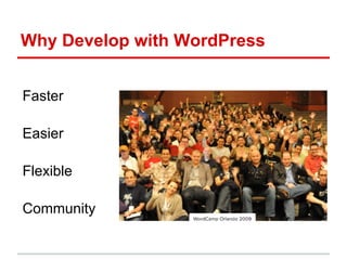 Why Develop with WordPress


Faster

Easier

Flexible

Community
 