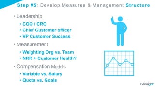 Step #5: Develop Measures & Management Structure
• Leadership
• COO / CRO
• Chief Customer officer
• VP Customer Success
• Measurement
• Weighting Org vs. Team
• NRR + Customer Health?
• Compensation Models
• Variable vs. Salary
• Quota vs. Goals
 
