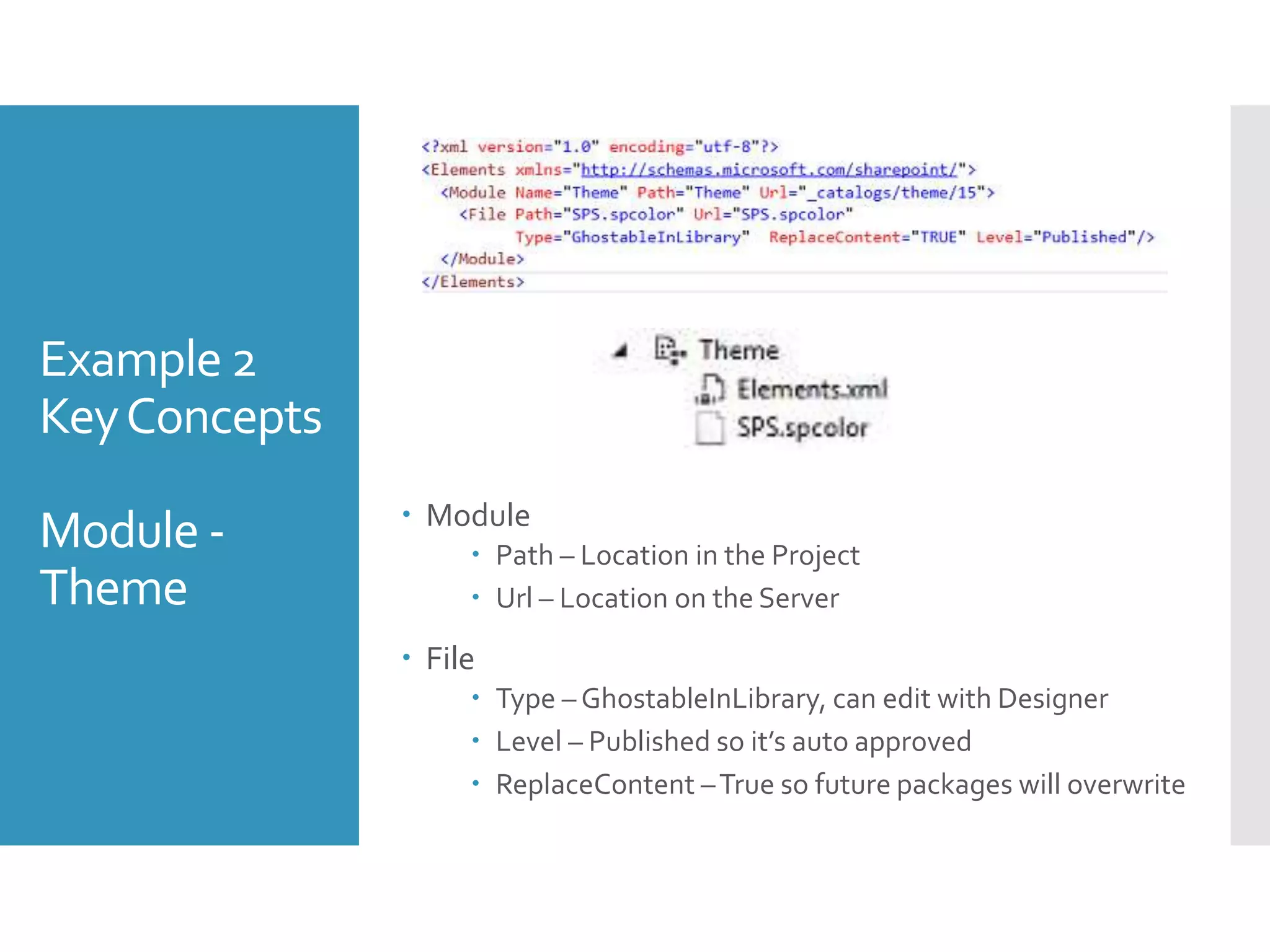 Example 2
KeyConcepts
Module -
Theme
 Module
 Path – Location in the Project
 Url – Location on the Server
 File
 Type – GhostableInLibrary, can edit with Designer
 Level – Published so it’s auto approved
 ReplaceContent –True so future packages will overwrite
 
