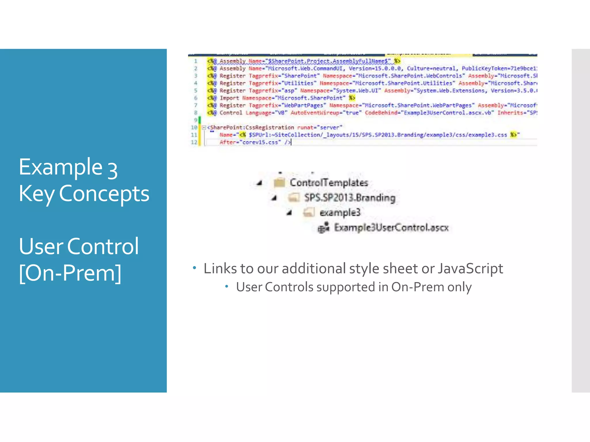 Example 3
KeyConcepts
UserControl
[On-Prem]  Links to our additional style sheet or JavaScript
 User Controls supported in On-Prem only
 