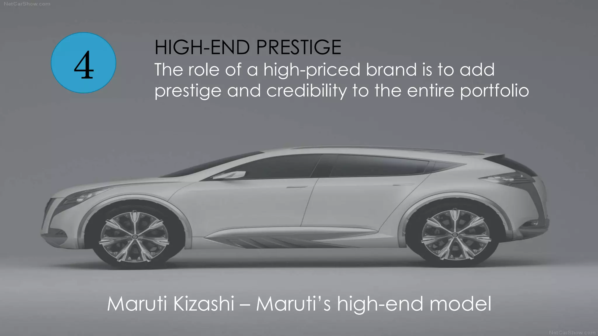 4
HIGH-END PRESTIGE
The role of a high-priced brand is to add
prestige and credibility to the entire portfolio
Maruti Kizashi – Maruti’s high-end model
 