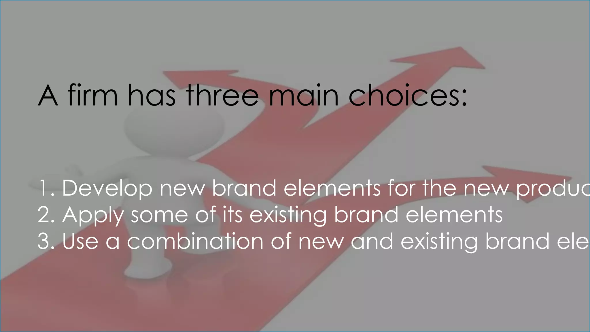 A firm has three main choices:
1. Develop new brand elements for the new produc
2. Apply some of its existing brand elements
3. Use a combination of new and existing brand elem
 