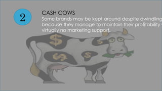 2
CASH COWS
Some brands may be kept around despite dwindling
because they manage to maintain their profitability w
virtually no marketing support.
 