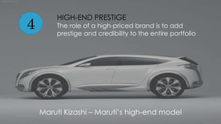 4
HIGH-END PRESTIGE
The role of a high-priced brand is to add
prestige and credibility to the entire portfolio
Maruti Kizashi – Maruti’s high-end model
 
