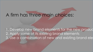 A firm has three main choices:
1. Develop new brand elements for the new produc
2. Apply some of its existing brand elements
3. Use a combination of new and existing brand elem
 