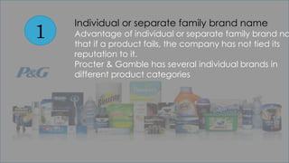 1
Individual or separate family brand name
Advantage of individual or separate family brand na
that if a product fails, the company has not tied its
reputation to it.
Procter & Gamble has several individual brands in
different product categories
 
