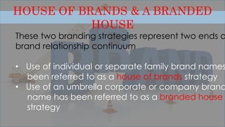 HOUSE OF BRANDS & A BRANDED
HOUSE
These two branding strategies represent two ends o
brand relationship continuum
• Use of individual or separate family brand names
been referred to as a house of brands strategy
• Use of an umbrella corporate or company brand
name has been referred to as a branded house
strategy
 