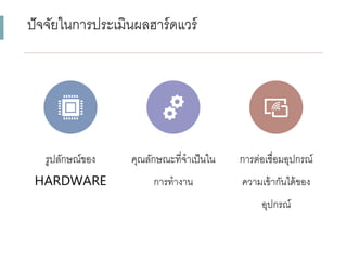 ปัจจัยในกำรประเมินผลฮำร์ดแวร์
รูปลักษณ์ของ
HARDWARE
คุณลักษณะที่จำเป็นใน
กำรทำงำน
กำรต่อเชื่อมอุปกรณ์
ควำมเข้ำกันได้ของ
อุปกรณ์
 