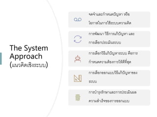 The System
Approach
(แนวคิดเชิงระบบ)
จดจำและกำหนดปัญหำ หรือ
โอกำสในกำรใช้ระบบควำมคิด
กำรพัฒนำ วิธีกำรแก้ปัญหำ และ
กำรเลือกประเมินระบบ
กำรเลือกวิธีแก้ปัญหำระบบ คือกำร
กำหนดควำมต้องกำรให้ดีที่สุด
กำรเลือกออกแบบวิธีแก้ปัญหำของ
ระบบ
กำรบำรุงรักษำและกำรประเมินผล
ควำมสำเร็จของกำรออกแบบ
 
