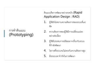 กำรทำต้นแบบ
(Prototyping)
ต้นแบบคือกำรพัฒนำอย่ำงรวดเร็ว (Rapid
Application Design : RAD)
1. ผู้ใช้ยังไม่ทรำบควำมต้องกำรของระบบที่แน่
ชัด
2. ควำมต้องกำรของผู้ใช้มีกำรเปลี่ยนแปลง
อย่ำงต่อเนื่อง
3. ผู้ใช้มีประสบกำรณ์น้อยมำกเกี่ยวกับระบบ
ที่กำลังพัฒนำ
4. โอกำสที่ระบบจะไม่ตรงกับควำมต้องกำรสูง
5. มีระยะเวลำจำกัดในกำรพัฒนำ
 