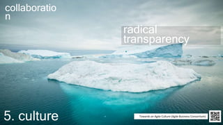 agilebusiness.org |
@Agile_Biz5. culture Towards an Agile Culture (Agile Business Consortium)
radical
transparency
collaboratio
n
 