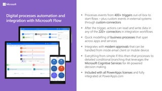 Digital processes automation and
integration with Microsoft Flow
 Processes events from 400+ triggers out-of-box to
start flows – plus custom events in external systems
through custom connectors
 After the trigger, actions can read and write data in
any of the 220+ connectors in integration workflows
 Quick modelling of business processes that span
across apps and services
 Integrates with modern approvals that can be
handled from inside email client or mobile device
 Everything from simple if-this-then-that processes to
detailed conditional branching that leverages the
Microsoft Cognitive Services for AI-powered
decision making
 Included with all PowerApps licenses and fully
integrated at PowerApps.com
 