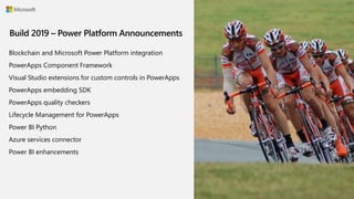 Blockchain and Microsoft Power Platform integration
PowerApps Component Framework
Visual Studio extensions for custom controls in PowerApps
PowerApps embedding SDK
PowerApps quality checkers
Lifecycle Management for PowerApps
Power BI Python
Azure services connector
Power BI enhancements
 