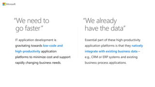 IT application development is
gravitating towards low-code and
high-productivity application
platforms to minimize cost and support
rapidly changing business needs.
Essential part of these high-productivity
application platforms is that they natively
integrate with existing business data
 