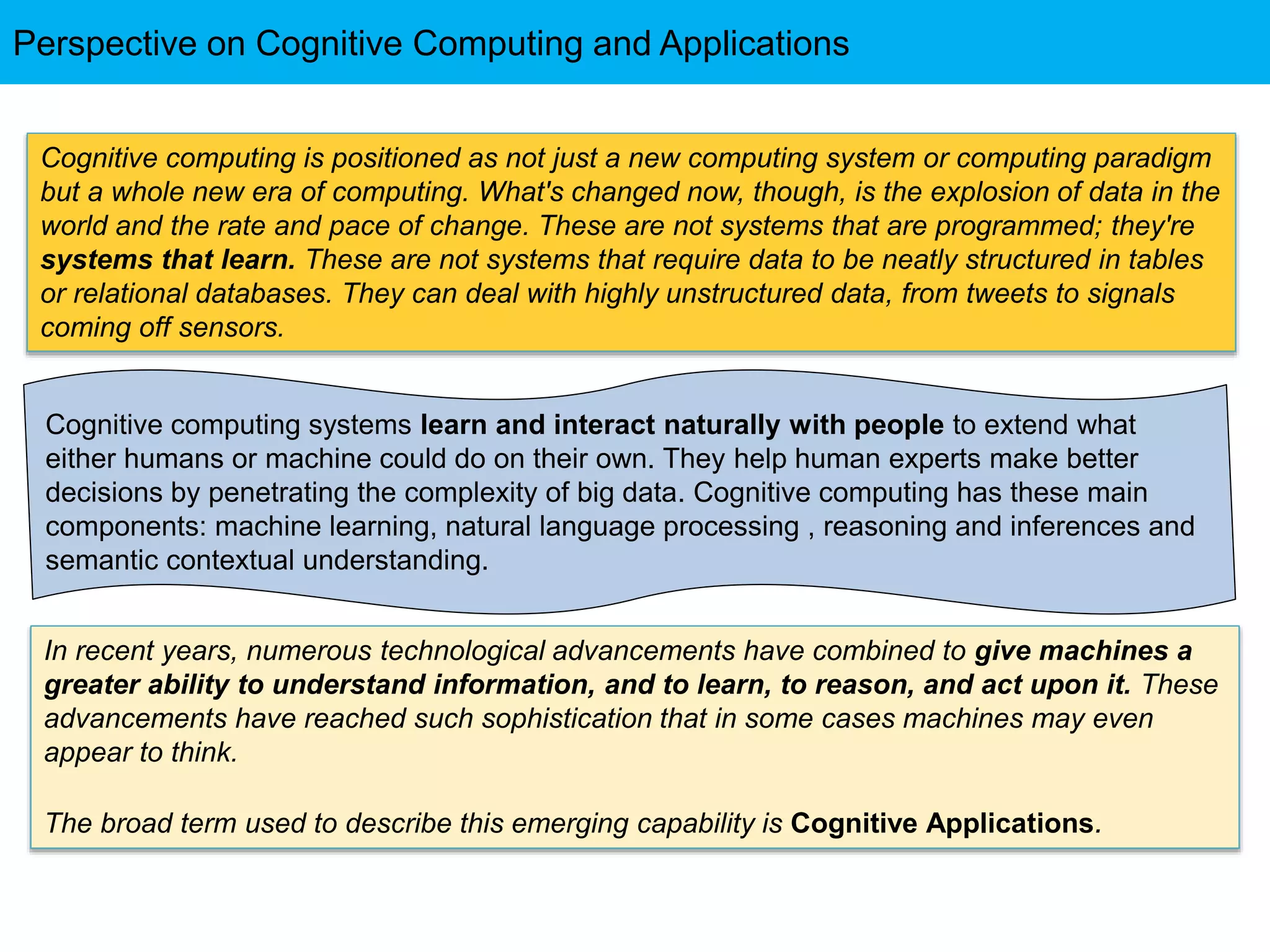 Cognitive computing systems learn and interact naturally with people to extend what
either humans or machine could do on their own. They help human experts make better
decisions by penetrating the complexity of big data. Cognitive computing has these main
components: machine learning, natural language processing , reasoning and inferences and
semantic contextual understanding.
Cognitive computing is positioned as not just a new computing system or computing paradigm
but a whole new era of computing. What's changed now, though, is the explosion of data in the
world and the rate and pace of change. These are not systems that are programmed; they're
systems that learn. These are not systems that require data to be neatly structured in tables
or relational databases. They can deal with highly unstructured data, from tweets to signals
coming off sensors.
In recent years, numerous technological advancements have combined to give machines a
greater ability to understand information, and to learn, to reason, and act upon it. These
advancements have reached such sophistication that in some cases machines may even
appear to think.
The broad term used to describe this emerging capability is Cognitive Applications.
Perspective on Cognitive Computing and Applications
 