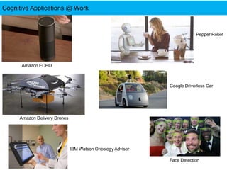 Cognitive Applications @ Work
Amazon ECHO
Pepper Robot
Amazon Delivery Drones
Google Driverless Car
IBM Watson Oncology Advisor
Face Detection
 