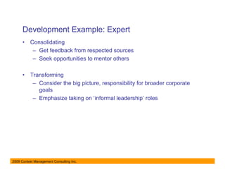 Development Example: Expert
      •   Consolidating
           – Get feedback from respected sources
           – Seek opportunities to mentor others

      •   Transforming
           – Consider the big picture, responsibility for broader corporate
             goals
           – Emphasize taking on ‘informal leadership’ roles




2009 Context Management Consulting Inc.
 