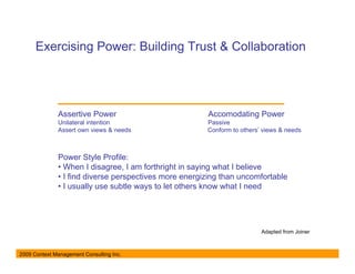 Exercising Power: Building Trust & Collaboration




              Assertive Power                          Accomodating Power
              Unilateral intention                     Passive
              Assert own views & needs                 Conform to others’ views & needs



              Power Style Profile:
              • When I disagree, I am forthright in saying what I believe
              • I find diverse perspectives more energizing than uncomfortable
              • I usually use subtle ways to let others know what I need




                                                                         Adapted from Joiner



2009 Context Management Consulting Inc.
 