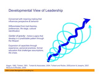 Developmental View of Leadership

    Concerned with meaning making that
    influences perspective & behavior

    Differentiated from trait theories,
    preferences, life stage, cultural
    identification

    Center of gravity - Action-Logics that
    develop in a predictable pattern through
    the lifespan

    Expansion of capacities through
    experience, personal practices, formal
    education that challenges assumptions,
    life crises.




 Kegan, 1982, Torbert, 1991; Torbert & Associates, 2004; Torbert and Rooke, 2005Joiner & Josephs, 2007,
 McGuire & Rhodes, 2009
2009 Context Management Consulting Inc.
 