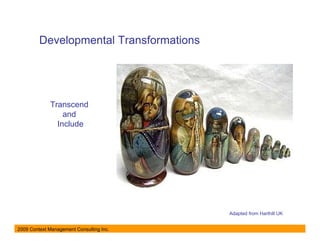 Developmental Transformations




             Transcend
                 and
               Include




                                          Adapted from Harthill UK


2009 Context Management Consulting Inc.
 