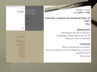I N T R O D U C T I O N
T O
L I N E
2
Manage or choose
your LEVEL of LINE
"HOW WILL I MANAGE OR CHOOSE MY LEVEL OF
LINE?"
Why?
IMAGINATION
-Line things to get your writing done
-Underlining, certainly applied, gets you far
-“Main line" must be introduced
GUIDELINE
-"What is the main line in my idea?"
-"How can anybody my level of writing know as much as
a guideline does?"
-Find the line
Learning
Organizations 7
Organizational
Development 1
Corporate
Management 2
Learning
Obstacle 3
Managerial
Thought 4
Development
Method 5
Managerial
Role 6
 
