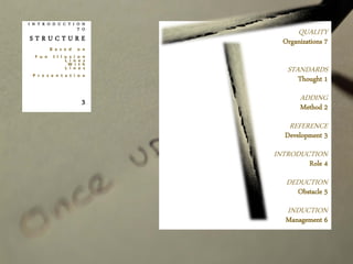 QUALITY
Organizations 7
STANDARDS
Thought 1
ADDING
Method 2
REFERENCE
Development 3
INTRODUCTION
Role 4
DEDUCTION
Obstacle 5
INDUCTION
Management 6
I N T R O D U C T I O N
T O
S T R U C T U R E
B a s e d o n
F u n I l l u s i o n
L i n e s
W i t h
L i n e s
P r e s e n t a t i o n
3
 