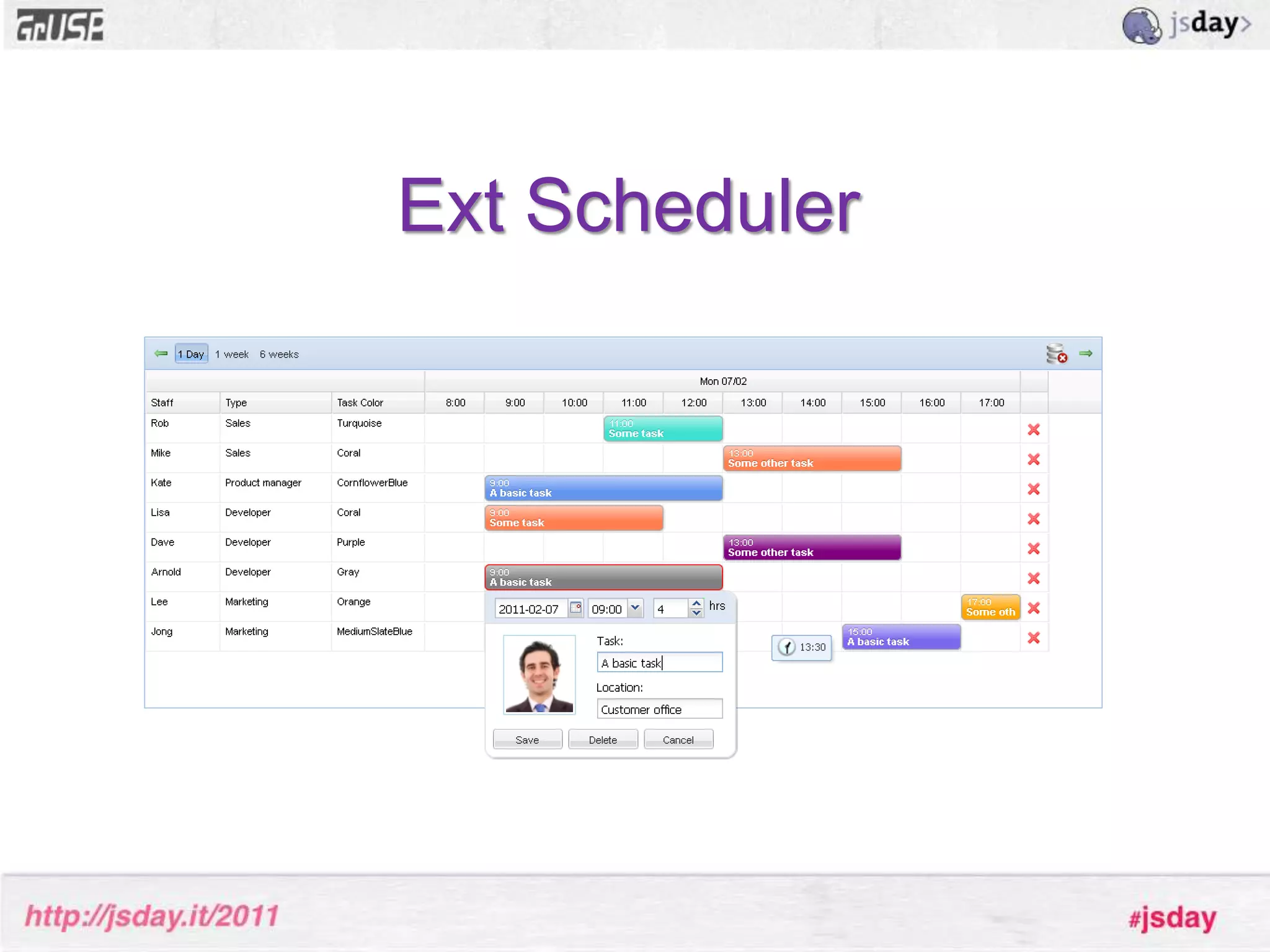 Step 5. Let’s add some codeafterRender : function() {this.callParent(arguments);this.hourHand = this.el.createChild({...});this.minuteHand = this.el.createChild({...});this.date = new Date();setInterval(Ext.Function.bind(this.updateHands, this), 1000);Ext.Function.defer(this.updateHands, 100, this);},updateHands : function() { ... }