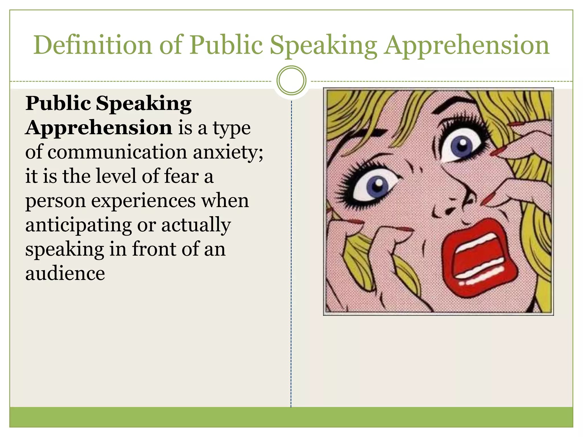 Definition of Public Speaking Apprehension
Public Speaking
Apprehension is a type
of communication anxiety;
it is the level of fear a
person experiences when
anticipating or actually
speaking in front of an
audience

 