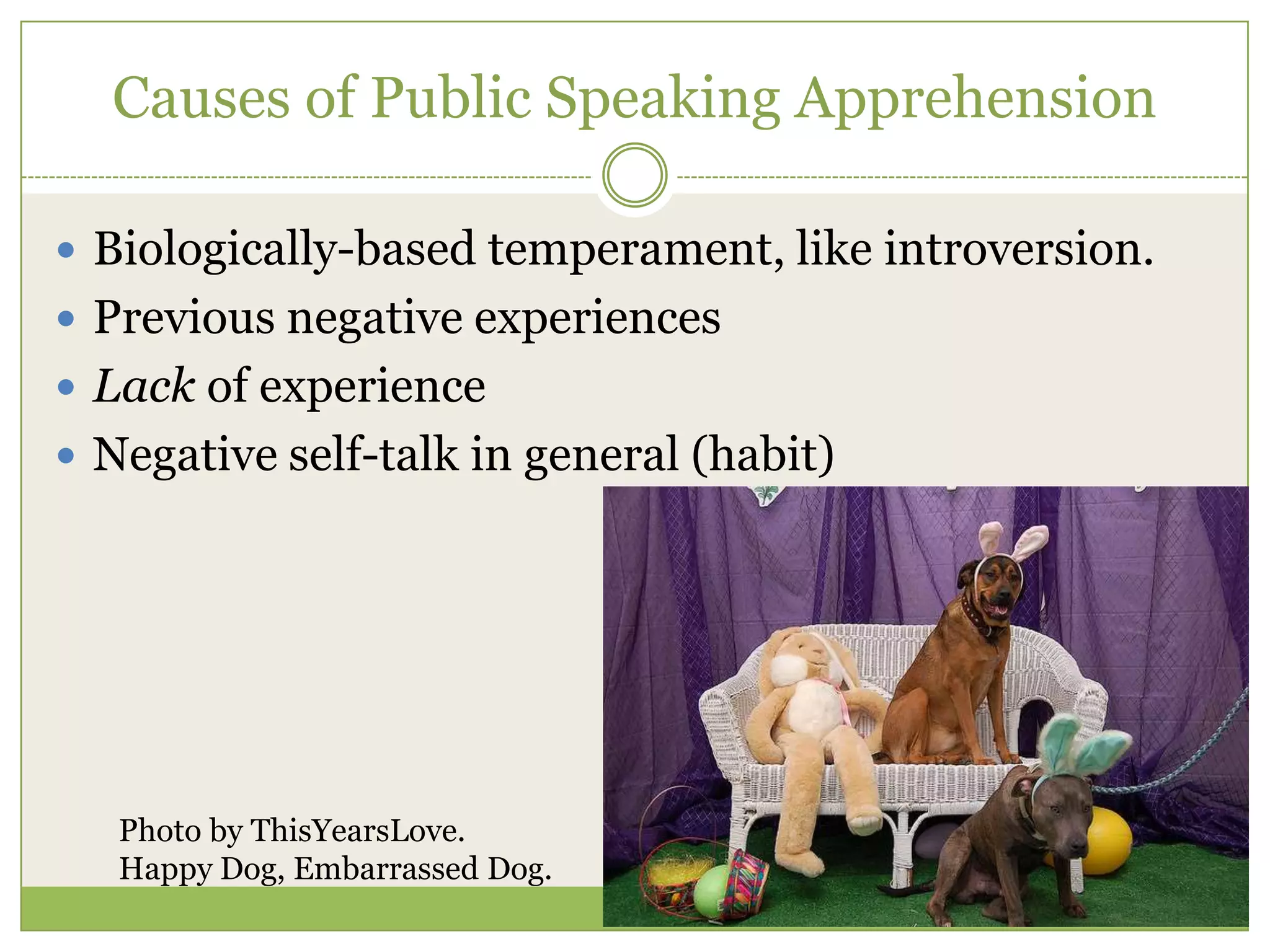 Causes of Public Speaking Apprehension
 Biologically-based temperament, like introversion.
 Previous negative experiences
 Lack of experience
 Negative self-talk in general (habit)

Photo by ThisYearsLove.
Happy Dog, Embarrassed Dog.

 