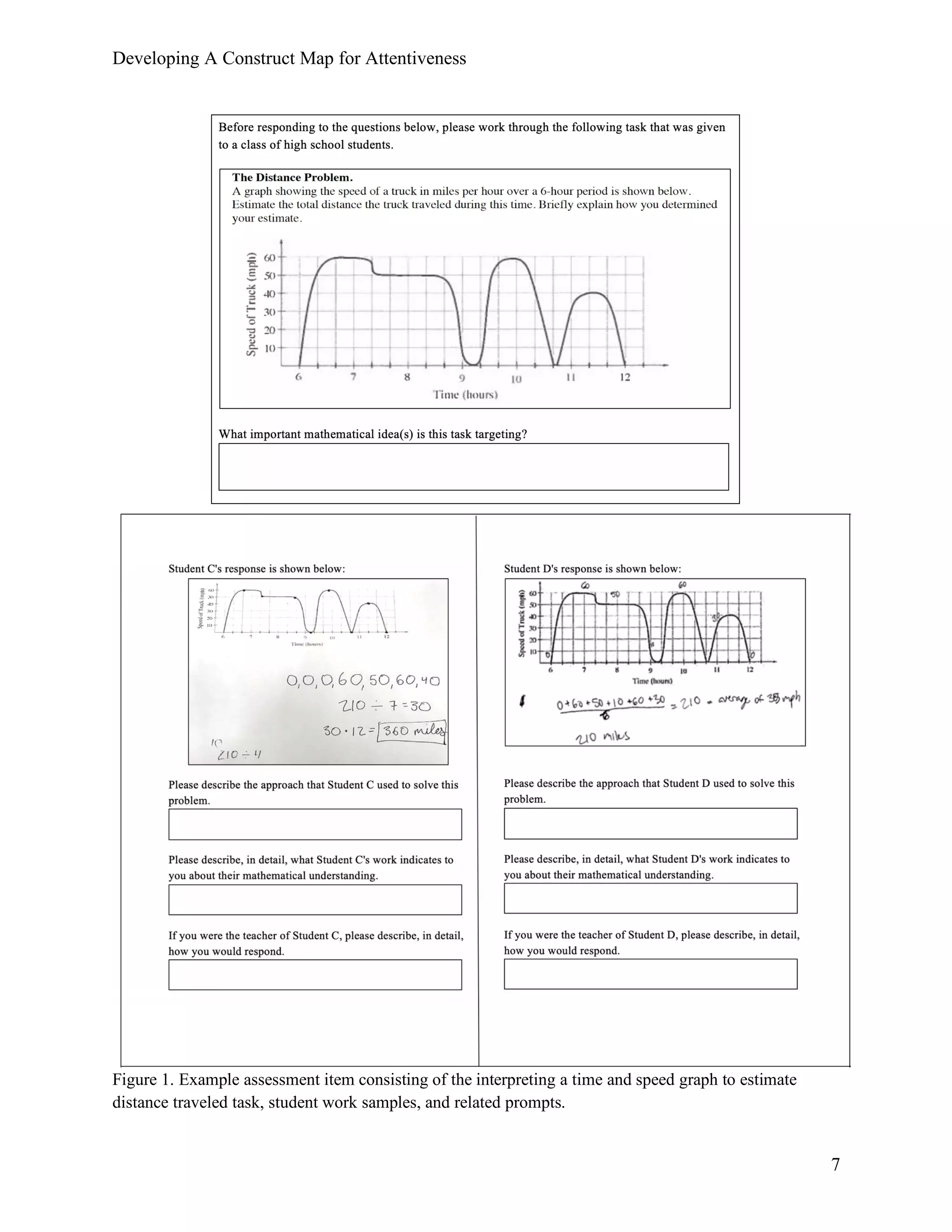 Developing A Construct Map for Attentiveness
7
Figure 1. Example assessment item consisting of the interpreting a time and speed graph to estimate
distance traveled task, student work samples, and related prompts.
 