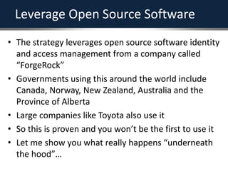 Leverage Open Source Software
• The strategy leverages open source software identity
and access management from a company called
“ForgeRock”
• Governments using this around the world include
Canada, Norway, New Zealand, Australia and the
Province of Alberta
• Large companies like Toyota also use it
• So this is proven and you won’t be the first to use it
• Let me show you what really happens “underneath
the hood”…
 