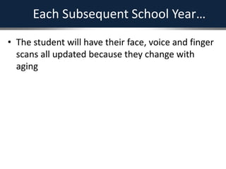 Each Subsequent School Year…
• The student will have their face, voice and finger
scans all updated because they change with
aging
 