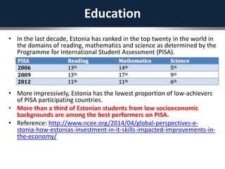 Education
• In the last decade, Estonia has ranked in the top twenty in the world in
the domains of reading, mathematics and science as determined by the
Programme for International Student Assessment (PISA).
• More impressively, Estonia has the lowest proportion of low-achievers
of PISA participating countries.
• More than a third of Estonian students from low socioeconomic
backgrounds are among the best performers on PISA.
• Reference: http://www.ncee.org/2014/04/global-perspectives-e-
stonia-how-estonias-investment-in-it-skills-impacted-improvements-in-
the-economy/
 