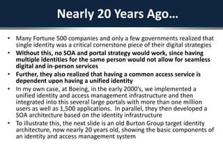 Nearly 20 Years Ago…
• Many Fortune 500 companies and only a few governments realized that
single identity was a critical cornerstone piece of their digital strategies
• Without this, no SOA and portal strategy would work, since having
multiple identities for the same person would not allow for seamless
digital and in-person services
• Further, they also realized that having a common access service is
dependent upon having a unified identity
• In my own case, at Boeing, in the early 2000’s, we implemented a
unified identity and access management infrastructure and then
integrated into this several large portals with more than one million
users as well as 1,500 applications. In parallel, they then developed a
SOA architecture based on the identity infrastructure
• To illustrate this, the next slide is an old Burton Group target identity
architecture, now nearly 20 years old, showing the basic components of
an identity and access management system
 